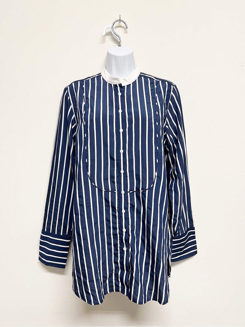 J Crew Womens Navy White Vertical Stripe Tuxedo Bib Button Up Shirt Size S